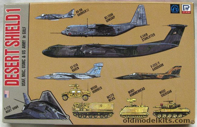 Pit Road 1/700 Desert Shield 1 AV-8B Harrier II (2) / AC-130H Gunship (or USCG HC-130H) (2) / C-141B Starlifter (2) / EF-111 Raven (2) / F-111E/F Aardvark (2) / F-117 Stealth Fighter (2) / M998 Hummer (4) / M270 MLRS (2) / M901 Hammerhead (4) / M551 Sheridan (2), S-6 plastic model kit